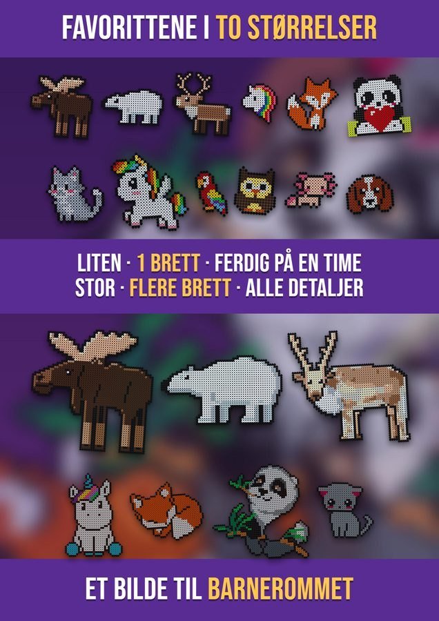 Samme dyremønster i to størrelser: liten versjon på 1 brett og stor versjon på flere brett