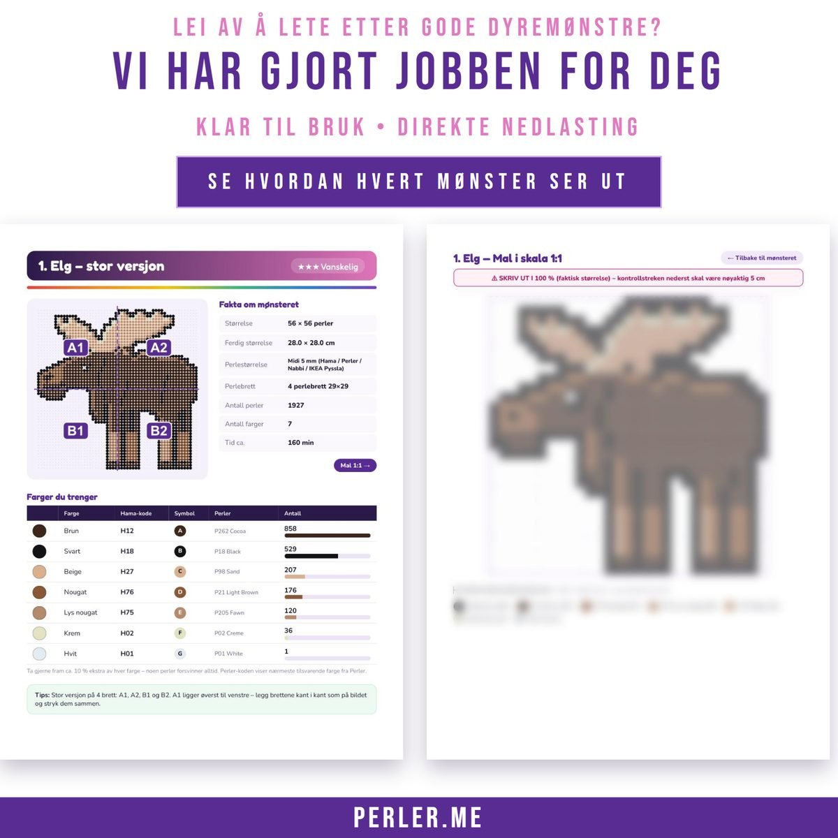 Sider fra PDF-en med dyremønstre for perler: ferdige mønstre med fargekoder