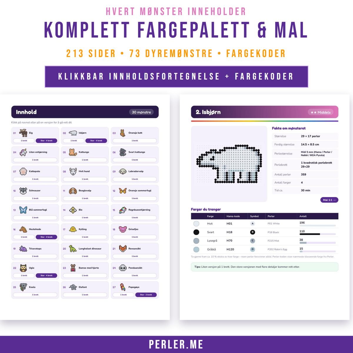 Dyremønstre for perler: fargepalett, mal i skala 1:1 og klikkbar innholdsfortegnelse