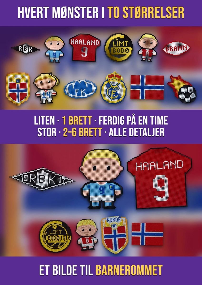 Det samme fotballmønsteret i to størrelser: lite på 1 perlebrett og stort på flere brett