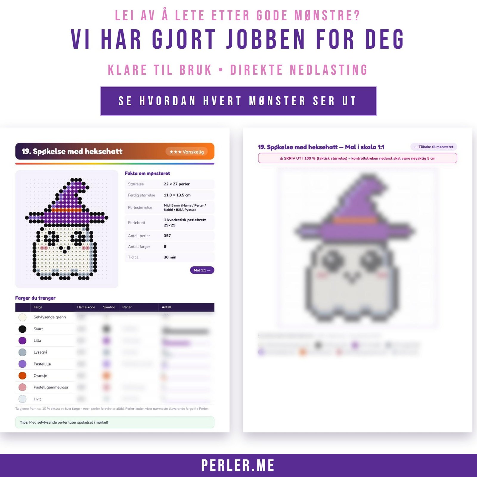 Slik ser hvert mønster ut i PDF-en: faktaside med størrelse, antall perler og vanskelighetsgrad