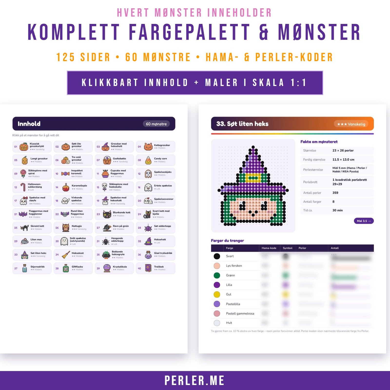 Komplett fargepalett med Hama- og Perler-koder og utskrivbar mal i 1:1