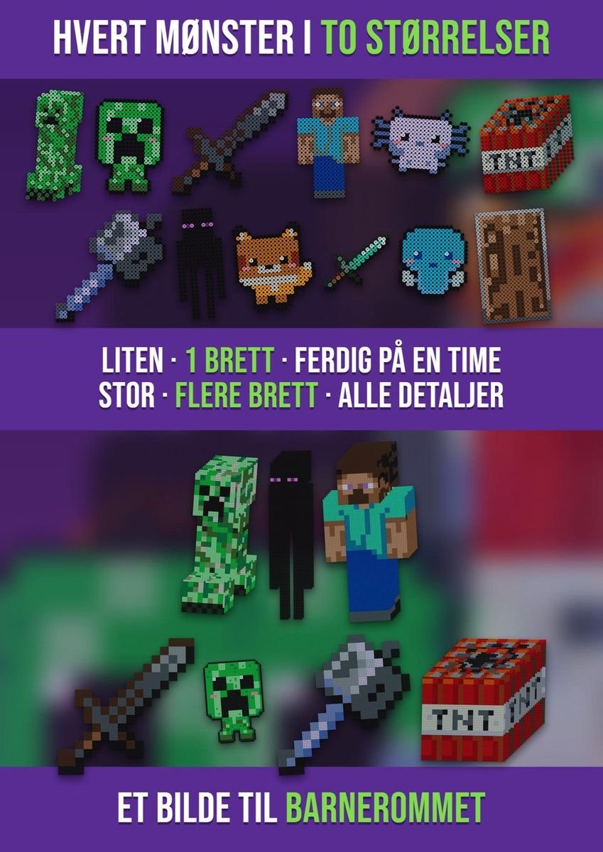 Samme Minecraft-mønster i to størrelser: liten versjon på 1 perlebrett og stor versjon på flere brett